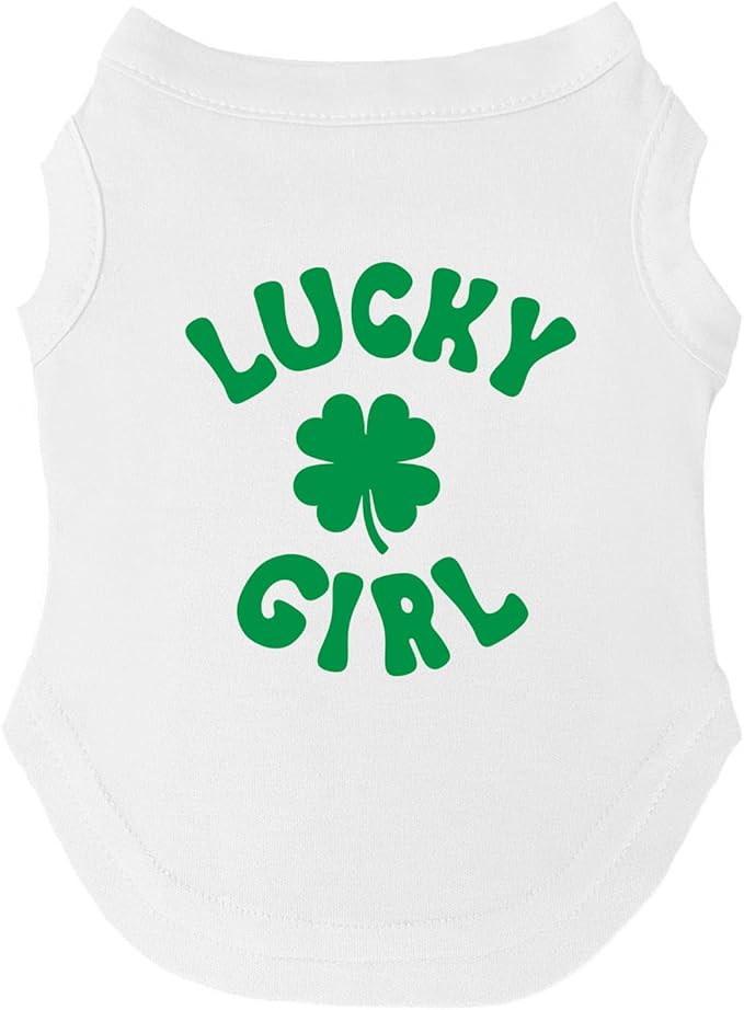 Lucky Girl Dog Tee Shirt | Sleeveless Breeds | St. Patrick's Day | Lucky | Shamrock | Irish Holiday |White, 2X-Large 1209