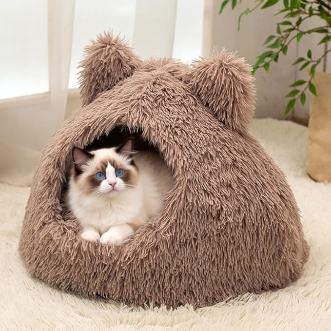 Cute Cat Bed, Plush Cat Cave Bed for Indoor Cats, Self-Warming Cave with Washable Cushion & Anti-Slip Bottom, Cozy Soft Pet Cats House for Kittens Small Dogs (Brown, 18.8 ×18.8 in)