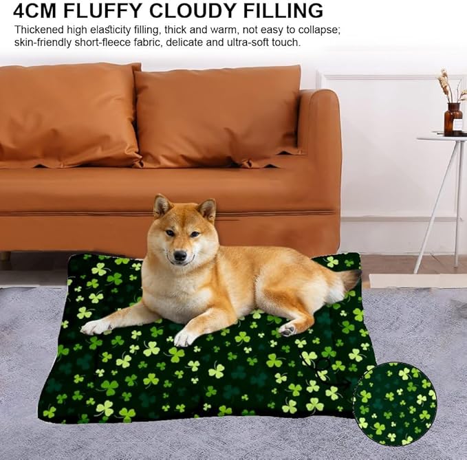 St Patricks Green Shamrock Dog Bed Non Slip Bottom Waterproof Dog Crate Mat Cozy Soft Mat for Sofa Pet Cosy Home Printed Bed Pads Gift Tough 24× 18 Inch Indoor Outdoor