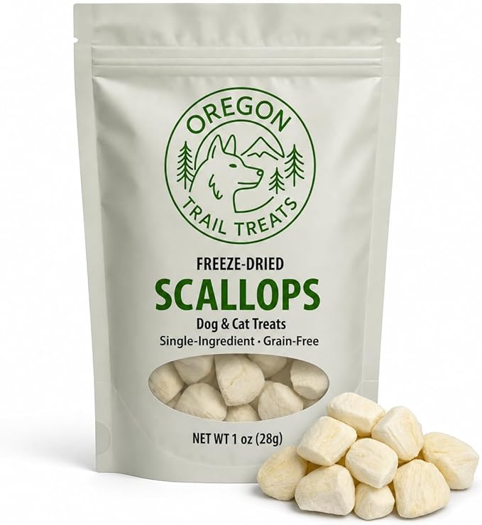 Oregon Trail Treats Freeze-Dried Scallops Dog & Cat Treats - Single Ingredient Premium Bay Scallops Grain Free 1 oz