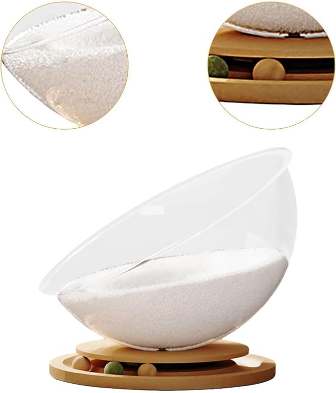 Semi Capsule Cat Bed with Bead Turntable Toy, All-Seasons Indoor Outdoor Pet Sleeping Nest, Easy Cleaning Stable Cat Furniture- Wood with mat M