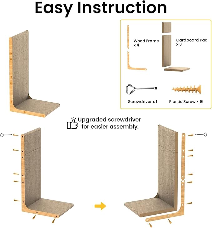 Cat Scratcher Lounge, 23 Inch L-Shaped Cat Scratch Pad, Vertical & Horizontal Scratching 1.2" Thick Cardboard Board, Durable, Eco-Friendly, Wood Grain