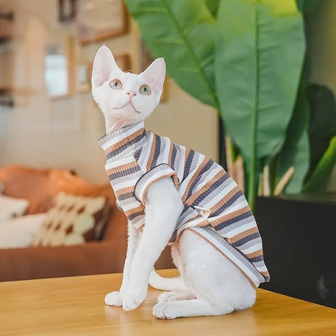 Sphynx Cat Shirt, Breathable Stretchy Cat Summer Vest, Lightweight Brown Striped Sleeveless Shirt for Hairless Cats, Soft & Comfortable Stretchy Vest for Cats and Small Dogs (Medium(3.5-5 lbs))