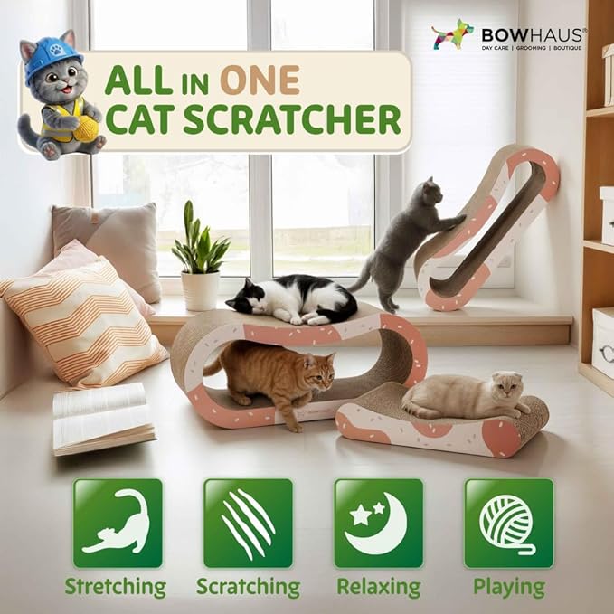 BOWHAUS 3 in 1 Cat Scratch Board, Cat Scratcher Lounger for Indoor Cat, Cardboard Cat Scratcher, Durable & Long-Lasting Infinity Cat Scratcher, Reversible Scratching Pads for Protecting Furniture