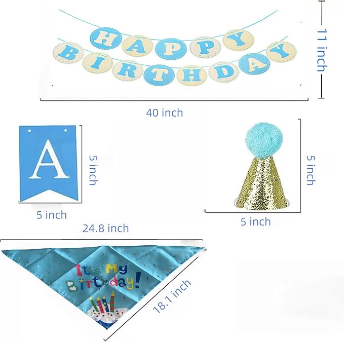 Dog Birthday Party Supplies with Bandana and Party Hat with Numbers, Happy Party Banner and Bollon for Small Middle Dogs Blue Birthday Boy Girl Scarf (Blue)