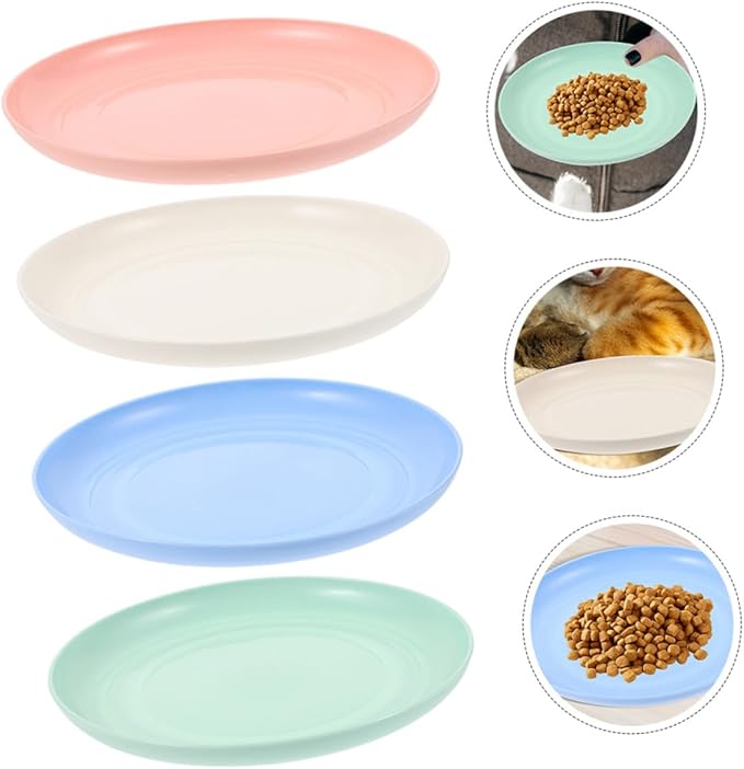 KALLORY 4pcs Shallow Cat Food Bowls Set, Cute Small Pet Plates for Indoor Cats and Kittens, 20cm Wide Flat Dish with Beige, Blue, Pink, and Teal Colors for Feeding and Watering