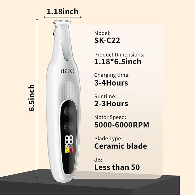 iBTC 2026 New Pet Precision Trimmer, Dog Paw Trimmer with LED Light, Low Noise, IPX Waterproof, Dual-Speed Motor, Suit for Trimming Paw, Ear, Face, Butt, Eyebrows, USB Rechageble