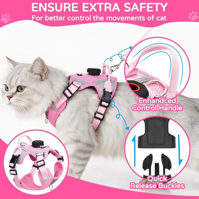 Cat Harness and Leash Set with Holder Compatible with AirTag, Upgraded Escape Proof Adjustable Vest Lead for Large Cat Small Dog Walking, Soft Breathable Mesh Jacket with Reflective Strips, Pink, L