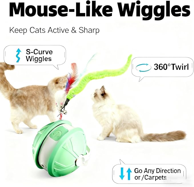 Interactive Cat Toy Ball for Indoor Cats, 2-in-1 Smart Moving Cat Ball with Feather Accessories, Automatic Kitten Toys for Bored Indoor Cats, USB Rechargeable Ideal for Small and Medium Cats