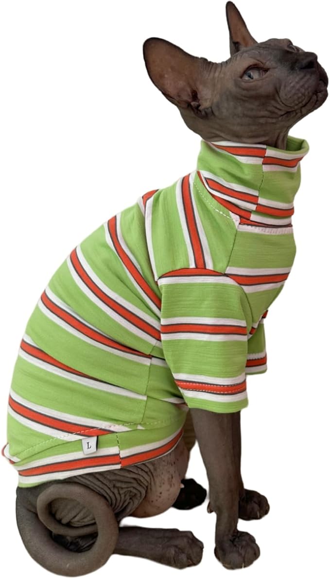 Vintage Stripes Sphynx Hairless Cats Shirt Cotton Cat Turtleneck Pet Clothes Kitten T-Shirts with Sleeves for Sphynx Cornish Rex, Devon Rex, Peterbald (Orange & Green, Small (Pack of 1))