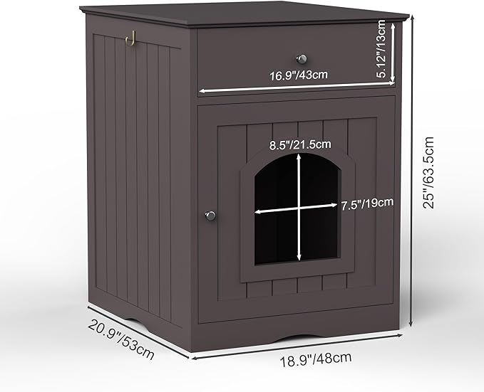 Wooden Cat Litter Box Cabinet with Drawer Hidden Pet House, Sofa Side Table, Indoor Pet Cage Storage Cabinet, Cat Hidden Cave Furniture for Living Room, Bedroom (Brown, 25 inches)
