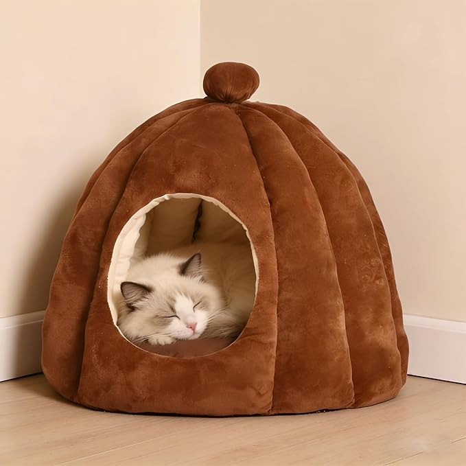 Cat Bed for Indoor Cats - Adorable Cozy Pumpkin Cat Cave with Removable Cushion, Super Soft Pet House Tent for Kittens & Small Pets, Warm & Washable Non-Slip Design(S 15 inch Brown)