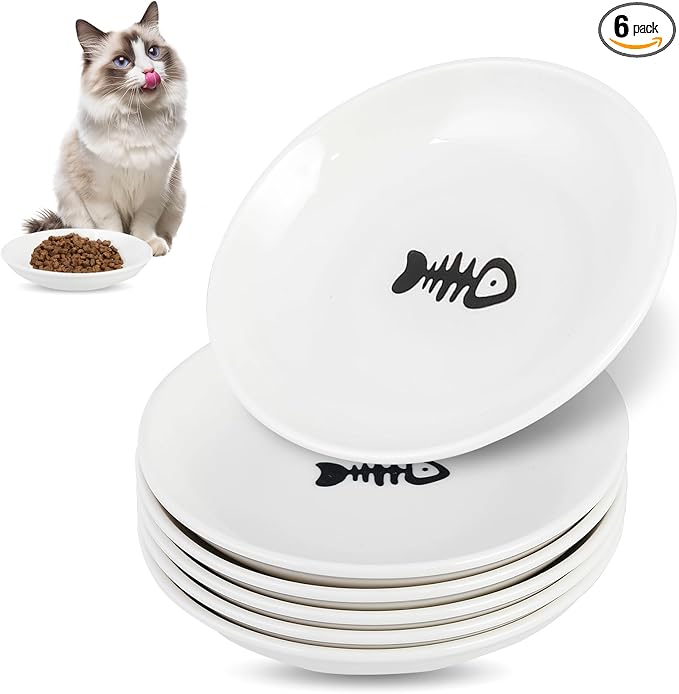 6 Pack Cat Food Bowl, Ceramic Cat Bowls, Anti Whisker Fatigue Cats Bowl Set,5.5 Inches Shallow Wide Kitten Plates for Food and Water (White-D)
