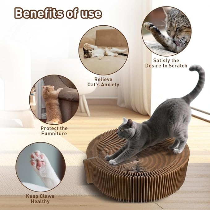 Cat Bed Scratcher Lounge - Cardboard Collapsible Pet Scratching Pad, Round Cat Scratch Nest for Indoor Big Large Kitty Kitten