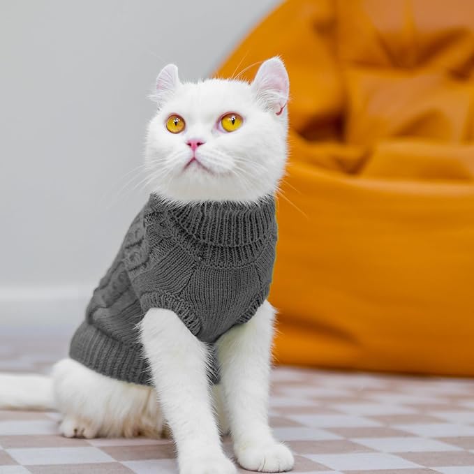 PUPTECK Winter Cat Sweater Coat - Soft Warm Cold Weather Clothes Knitwear for Kittens & Small Dogs Indoor Outdoor Wearing, Knitted Classic for Doggies Kitties Girls Boys, Grey, M