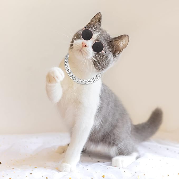 Molain Cat Sunglasses Gold Chain Costume Decorations- Cat UV Protection Classic Retro Puppy Retro Black Sunglasses Faux Silver Adjustable Chain Cosplay Costume Cool Funny Photo Props