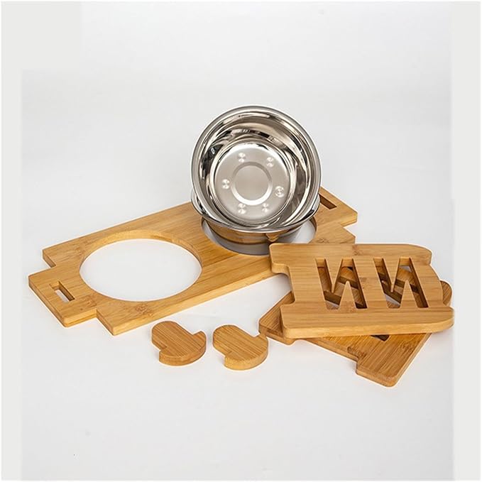 Elevated Cat Bowl Adjustable Bamboo Feeding Rack with 2 Stainless Steel Bowls