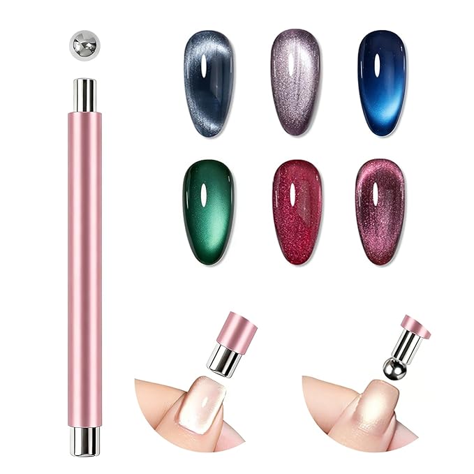 Cat Eye Magnet for Nails, 3-in-1 Cateye Magnet Nail Art Tool, Nail Magnet with Cylindrical & Ball Heads, Magnetic Nail Tool for Cat Eye Gel Polish, Multi Effect for DIY Home Salon Use