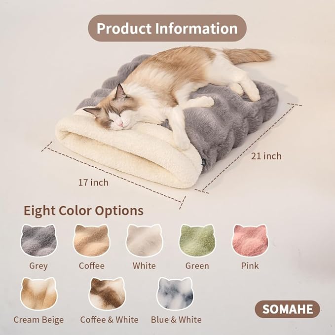 SOMAHE Cat Sleeping Bag for Indoor Cats, Faux Fur Pet Cave Bed & Burrow Nest, Reversible Plush Snuggle Sack, Portable Foldable Mat, Machine Washable, Anti-Static, 21.7"x17.7" Coffee White