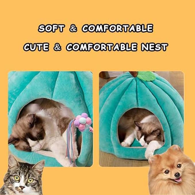 Cute Pumpkin Cat Bed for Indoor Cats，Pumpkin Shape Cat House with Removable Washable Cushioned Pillow，Cat Cave Bed Cat Tent for Puppy and Kitten (Blue,23 in)