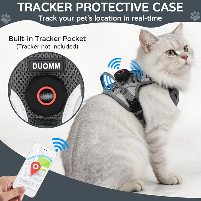 Cat Harness and Leash Set with Holder Compatible with AirTag, Upgraded Escape Proof Kitten Harness with Lead for Large Adult Cats, Soft Mesh Jacket Vest for Walking, Reflective & Adjustable, Grey, M