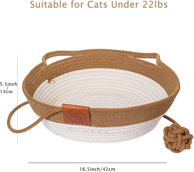 Handwoven Cotton Rope Cat Bed - Breathable & Easy to Clean, Foldable Scratchable Hammock with Cat Ear Design, with a Playing Ball for Kittens Brown