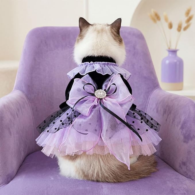Dog and Cat Butterfly Princess Lace Tutu Dress, Dog Girl Set, Kitten Chihuahua York Pomeranian Pet Clothing (Purple-Bow, X-Small)