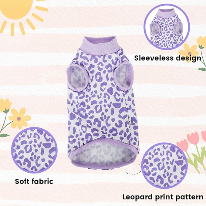 Sphynx Cat Shirt &Sun Hat Set, Breathable Stretchy Cat Clothes Suit, Soft Hairless Cats Shirt, Sleeveless Suit for Cats (Purple Leopard Pattern, Small) (Purple Leopard Pattern, XL(6.5-8.5lbs))