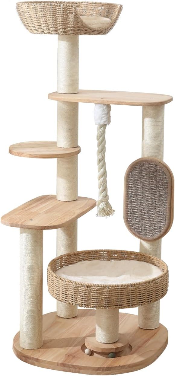 Wooden Cat Tree for Large Cat, 49.6IN Tall Cat Tower with Scratching Post for Indoor Cats, Multi-Level Cat Condo with Hand-Woven Cat Bed and Scratching Board Easy to Clean