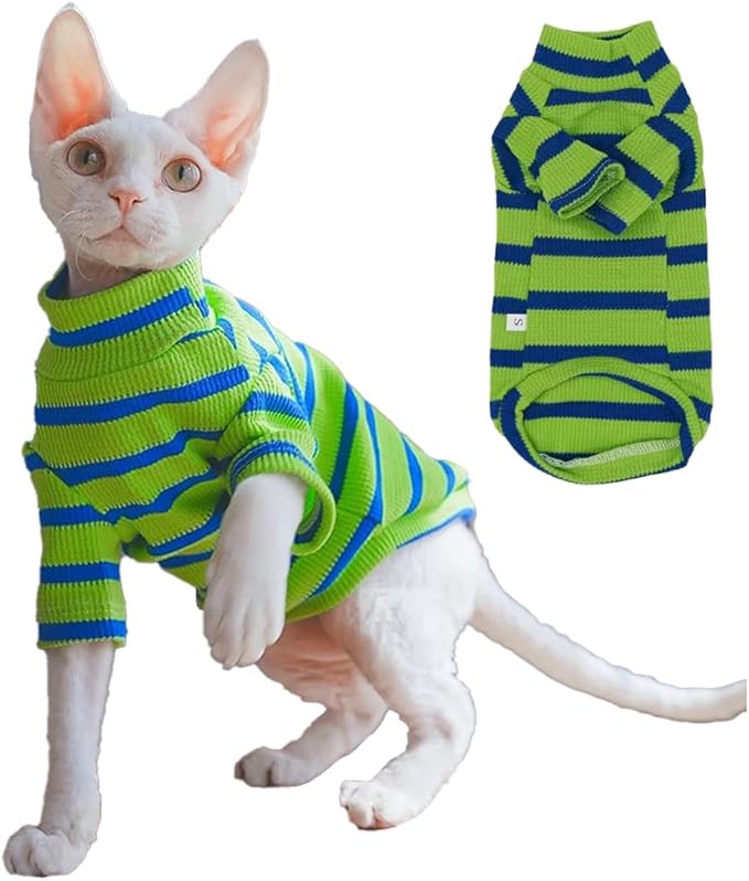 Striped Waffle Knit Shirt for Sphynx Cat, 2-Leg Long Sleeve Lightweight Outfit for Hairless Cats, Soft All-Season Pet Clothes (Green, Small (2.5-3.5lbs))