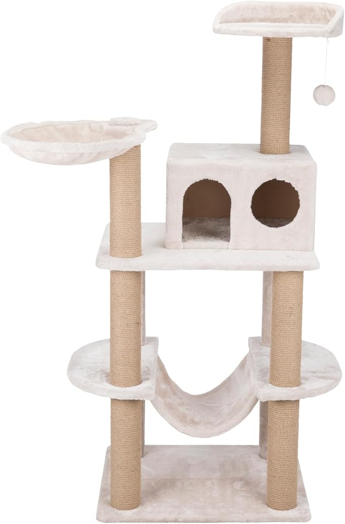 TRIXIE Federico 56" Cat Tower, Indoor 4-Level Cat Furniture with Jute Scratching Posts, Plush Condo, Platforms, Hammock, Toy on a String, Greige
