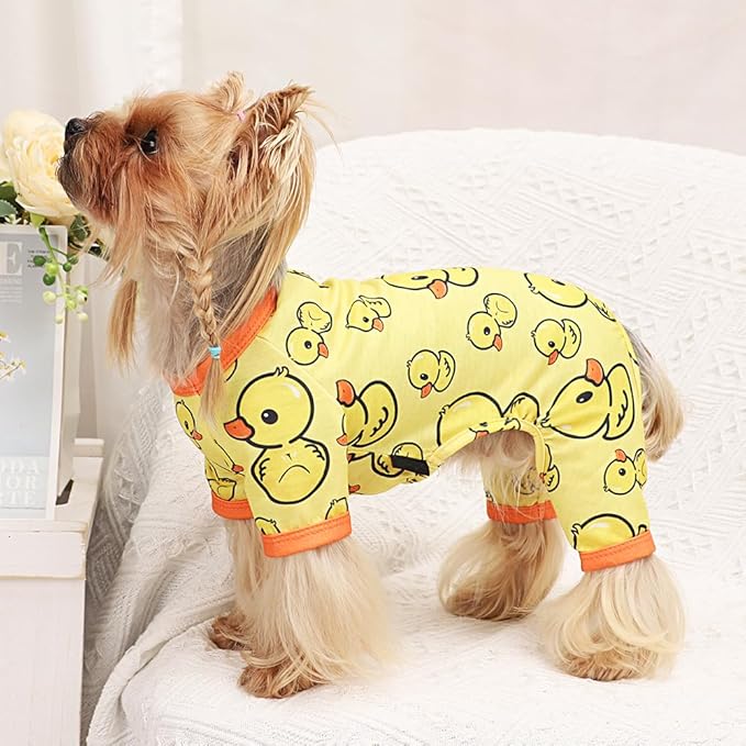 Yikeyo Dog Pajamas Small Sized Boy Girl, Cotton Stretchable Pet Clothes Jammies Puppy Outfits for Dogs Female Male, Spring Summer Doggie Pjs Doggy (Yellow Duck, M)