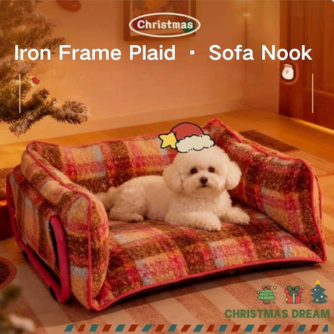 Vintage Furniture Style Sofa Pet Bed - Detachable Washable Plush Dog & Cat Couch with Metal Frame, Retro Style Pet Furniture, Soft Cozy Support for Pets (M)
