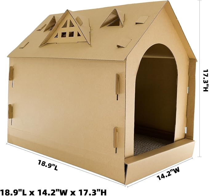 17.3 Inch Multiple Windows Detachable Cardboard House, House with Scratching Board, Indoor Playhouse, Scratching Mat with Catnip