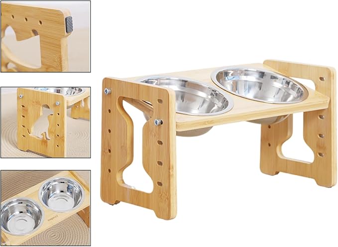 Elevated Cats Dog Feeders 5 Stage Adjusting Feeding Bowl with Nonslip Wooden Base for Small Breeds Cats Feeding Watering Adjusting Height Pet Food Bowl