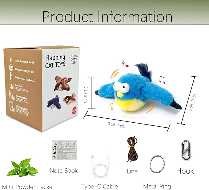 Upgraded Flappy Chase Cat Toy, Interactive Chirping Bird Cat Toy,Chirping Bird Cat Toy Flapping Wings, Flying Interactive Simulation Electric Cat Toy (Blue Large)