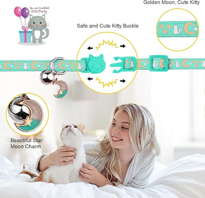 Baeuppit 2PCS Breakaway Cat Collars with Bell Cute Kitty Glow in The Dark Adjustable Kitten Collars 7.9-13.0 Inch(Teal&Black)