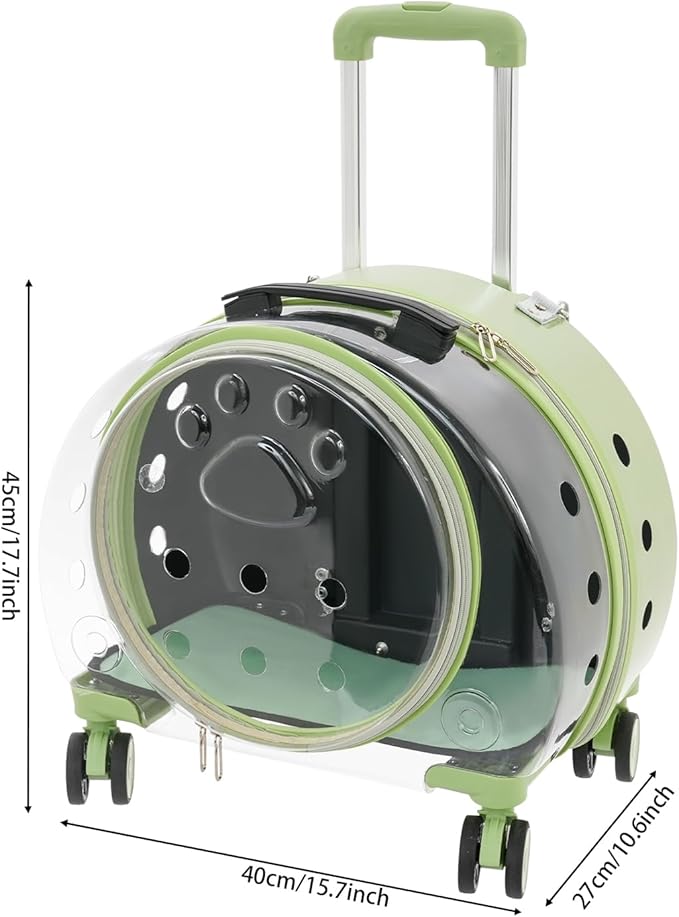 4-Wheel Rolling Cat Carrier, Hard Shell Pet Carrier with Ventilation Holes, Adjustable Handle Cat Travel Carrier, Lightweight Pet Stroller for Airplane, Car, Fits Pets up to 19.8lbs (Green)