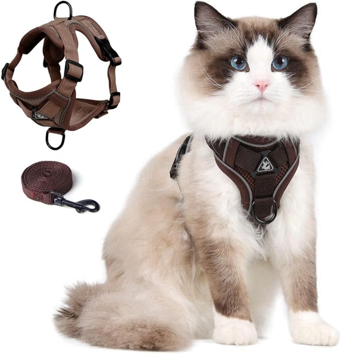 Cat Harness and Leash Set, Upgraded Escape Proof Adjustable Kitten Vest with Lead for Small Cat Outdoor Walking, Soft Breathable Mesh Jacket with Reflective Strips for Dark Night L Coffee Brown