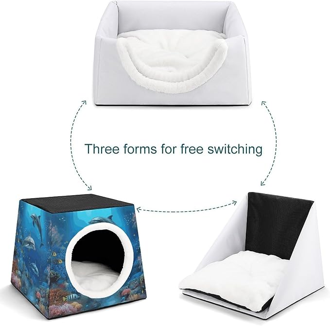 Cat Cave Cat Beds for Indoor Cats Underwater World Dolphins Coral Foldable Cat Hideaway with Washable Cushion and Non-Slip Base