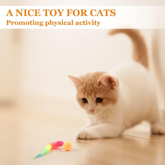 Bouncy Ball with Tail Cat Toys,5 Packs Rainbow Small Magic Worm with Ball Toy for Cats,Colorful Fuzzy Worm Bouncy Balls Cat Toy