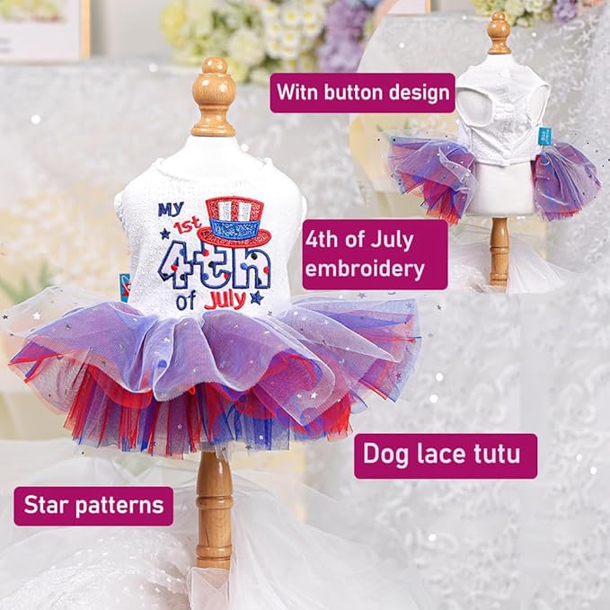ANIAC 4th of July Girl Dog Dress with Stars Independence Puppy Clothes for Small Dog 1st Independent Day Cat Outfit Patriotic Pet Princess Tutu Skirt (Independence, Large)