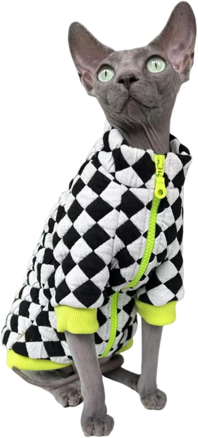 Turtleneck Sphynx Cat Winter Clothes, Double-Sided Fleece Jacket with Zipper, Sweater for Sphynx Cat Warm Outfit Coat for Hairless Cats and Small Dogs Apparel with Sleeves (Checkerboard, Large)
