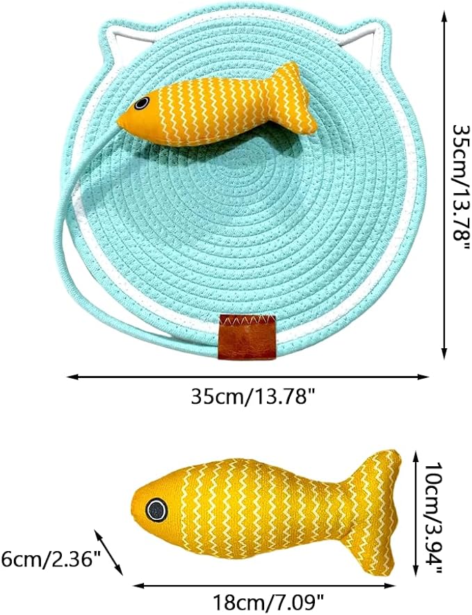 Cat Scratcher Mat Cotton Rope, Round Woven Scratch Pad with Fish Toy, Wear-Resistant Cat Bed Mat with Hanging Loop for Sleeping Scratching Furniture Protects