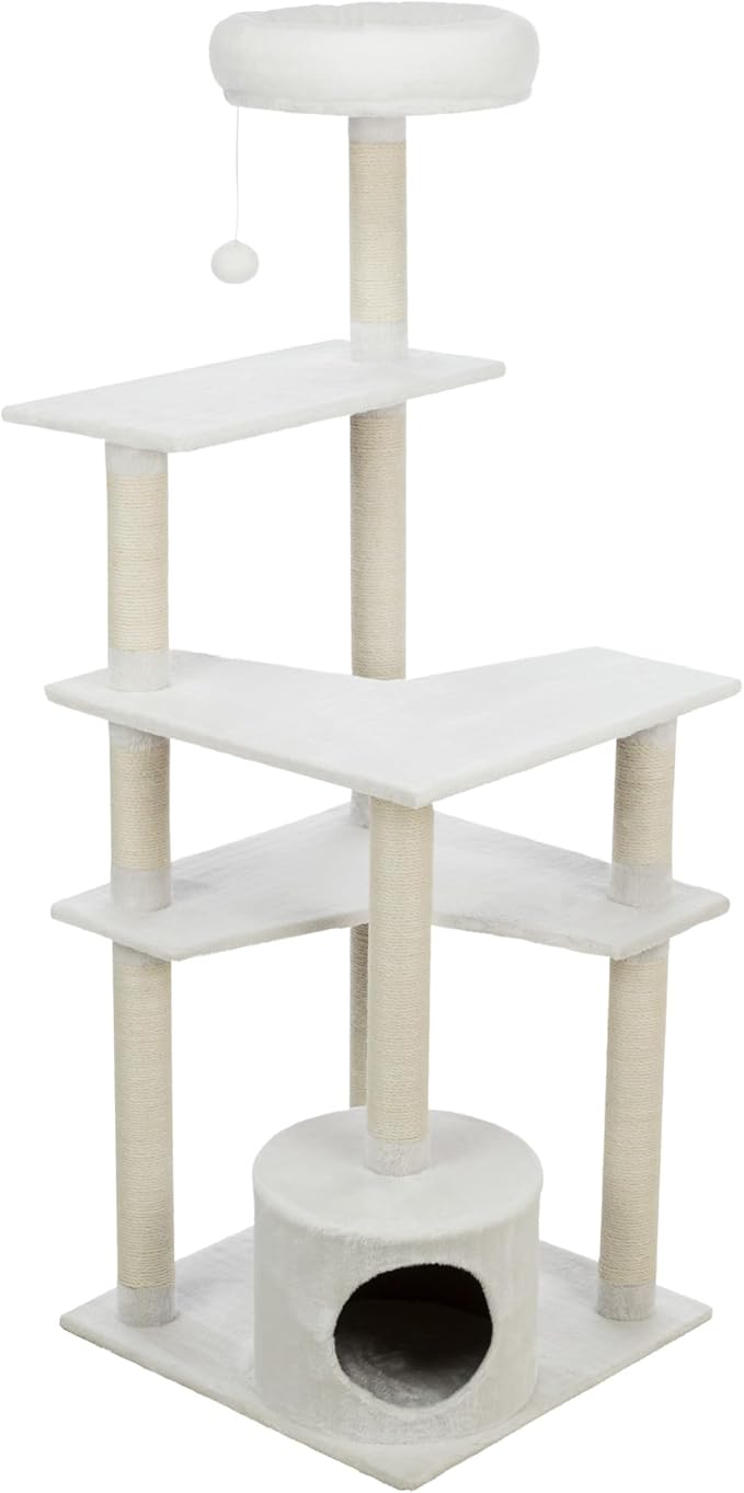 TRIXIE Seli Cat Tree – Cat Tower with Sisal Posts, Condo, Padded Platforms & Hanging Toy – Cat Furniture for Indoor Cats – Cream, 21.1" x 21.1" x 59.1"