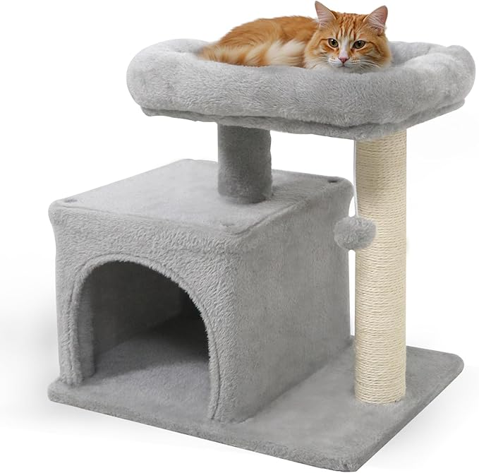 Tangkula Small Cat Tree for Indoor Cats, Cat Tower with Sisal Scratching Posts, Hanging Pompom, Cat Condo with Large Padded Plush Perch for Small Spaces, Kittens (Light Grey)