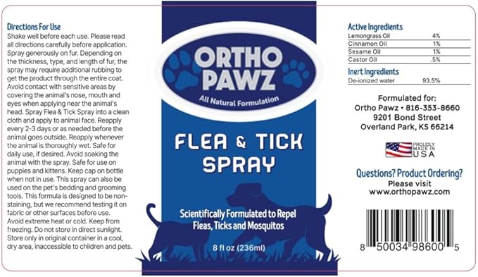 Flea & Tick Spray 8oz – All-Natural Citrus Oil Formula – Safe for Dogs, Cats, Puppies & Kittens – Protects Against Fleas, Ticks, Mosquitoes & Mites – Made in USA