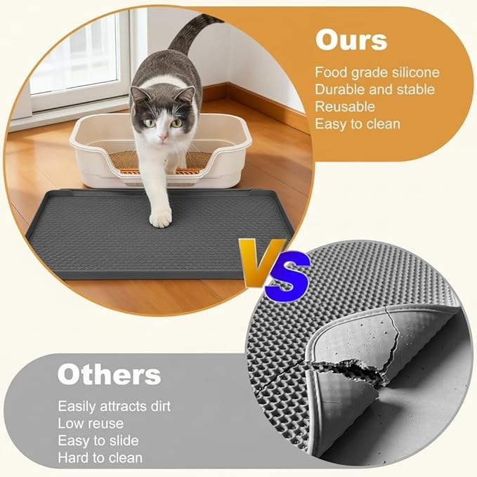 Extra Large Cat Litter Box Mat 34" x 22" – Waterproof Silicone Litter Trapper, Non-Slip, Easy to Clean Floor Protector, Soft on Kitty Paws(Dark Gray)
