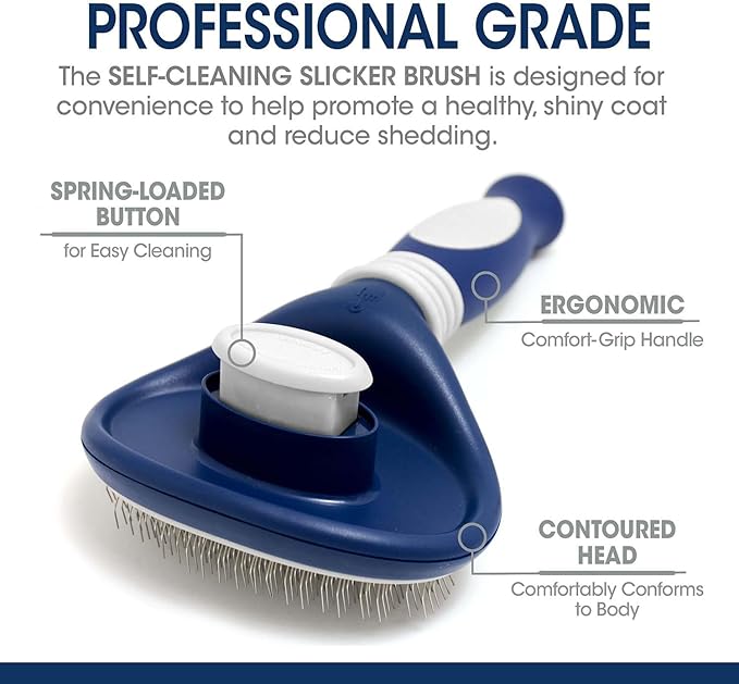 Four Paws Slicker Brush, Professional Series Grooming Brush for Dogs & Cats, Self-Cleaning, Reduces Shedding, All Coat Types, Blue & Grey