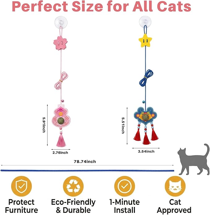 Suction Cup Cat Toy for Indoor Cats, Hanging Self Play Cat Toy with Bell and Catnip Teaser, Window Mounted Interactive Cat Toy for Boredom Relief Exercise Training Pet Enrichment Activity Toy